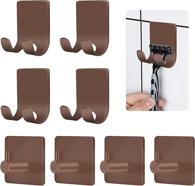 CGBE Razor Holder for Shower, 4 Packs Shaver Holder and Hooks, Self Adhesive Wall Mounts for Bathroom, Damage Free - Brown