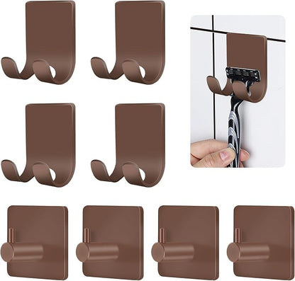 CGBE Razor Holder for Shower, 4 Packs Shaver Holder and Hooks, Self Adhesive Wall Mounts for Bathroom, Damage Free - Brown