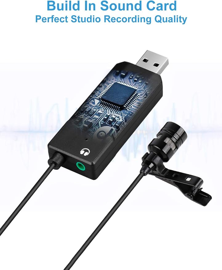 Fifine USB Lavalier Lapel Microphone, Clip-on Cardioid Condenser Computer Mic Plug and Play USB Microphone with Sound Card for PC and Mac-K053