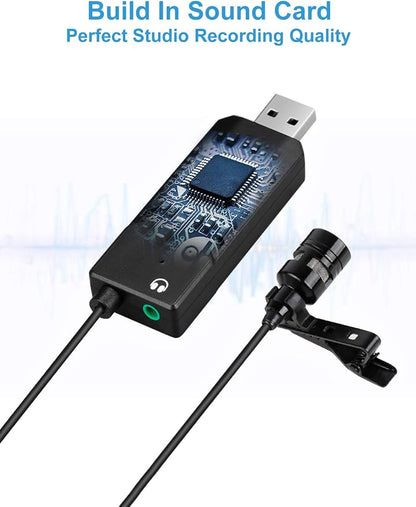 Fifine USB Lavalier Lapel Microphone, Clip-on Cardioid Condenser Computer Mic Plug and Play USB Microphone with Sound Card for PC and Mac-K053