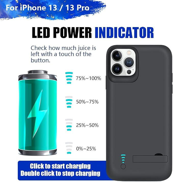 [New Version Battery Case for iPhone 13/13 Pro, 5000mAh Rechargeable Extended Battery Charging Charger Case, Add 100% Extra Juice (6.1 Inches) Black