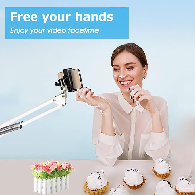 Overhead Tripod Mount for Camera Webcam Ring Light, Over Head Articulating Arm with Phone Holder and Ball Head, Desktop Suspension Scissor Accessory for Live Streaming,Video Recording （White）