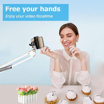 Overhead Tripod Mount for Camera Webcam Ring Light, Over Head Articulating Arm with Phone Holder and Ball Head, Desktop Suspension Scissor Accessory for Live Streaming,Video Recording （White）