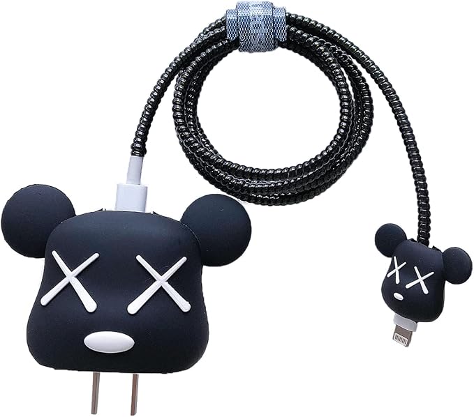 3D Cute Cartoon Charger Protector Case - Compatible for Apple 20W USB-C Power Adapter and Lightning Cable (Black Bear)