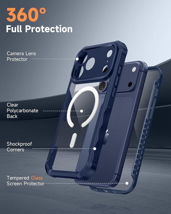 seacosmo for iPhone 17 Pro Max Case, Full Body Bumper with Built-in Tempered Glass Screen Protector and Camera Lens Protection, Compatible with MagSafe, Shockproof 17 Pro Max Case, 6.9", Deep Blue