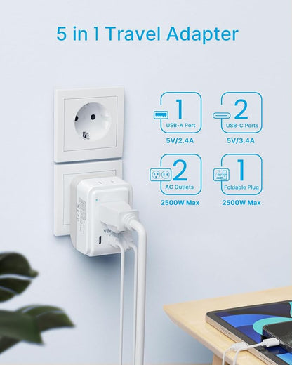 3 Pack European Travel Plug Adapter, VINTAR Foldable International Plug Adapter with 2 AC Outlets and 3 USB Ports(2 USB C),Type C Plug Travel Essentials to Most Europe EU France Germany Spain Italy