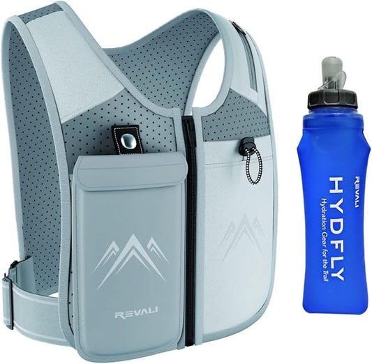 REVALI Running Vest, USA Original Patent, Zip Reflective Running Vests with 500ml Hydration Bottle, Adjustable Waistband & Breathable Material, Chest Pack Gear Phone Holder for Men & Women