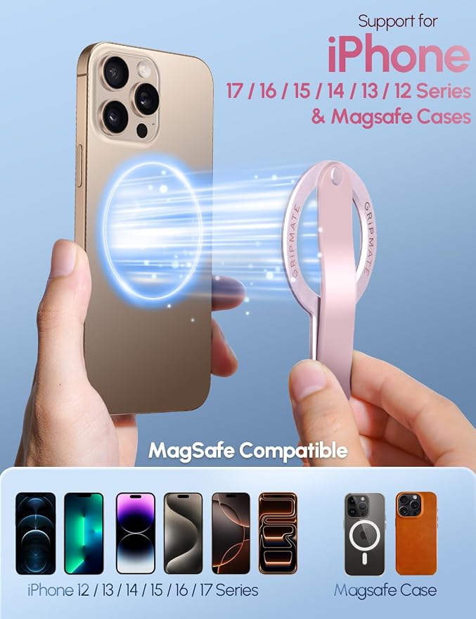 for MagSafe Phone Grip for iPhone - Magnetic Phone Ring Holder Detachable for iPhone 17 - Comfortable Finger Phone Loop Grip for Apple 16/15/14/13/12,Pink