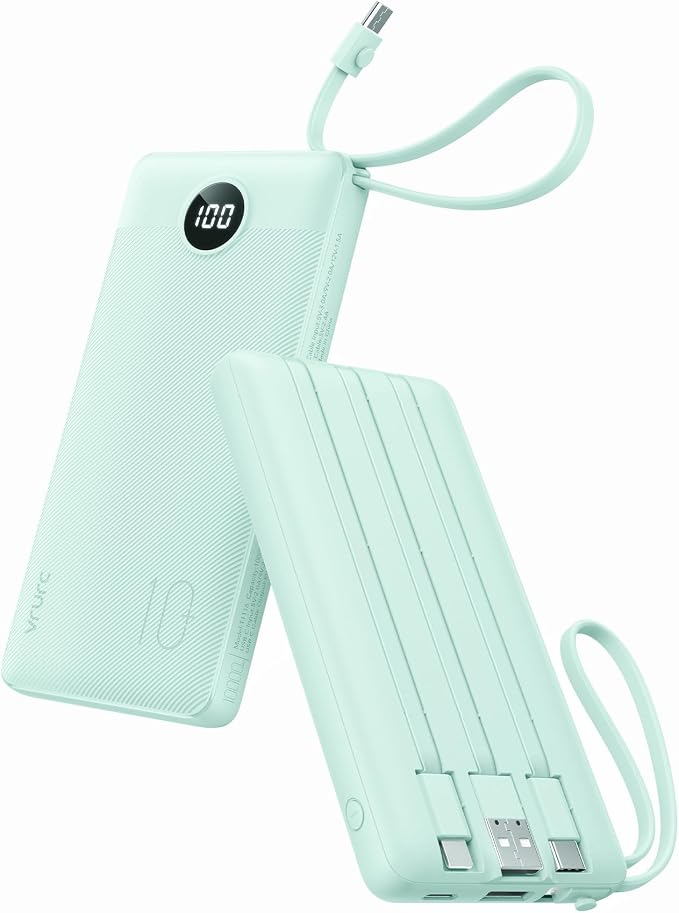 VRURC Power Bank with Built-in Cables,USB C Portable Charger for iPhone | 10000mAh Slim Charging Bank with Lanyard, Perfect for Travel, Work, School and Daily Carry-Green