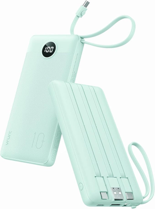 VRURC Power Bank with Built-in Cables,USB C Portable Charger for iPhone | 10000mAh Slim Charging Bank with Lanyard, Perfect for Travel, Work, School and Daily Carry-Green