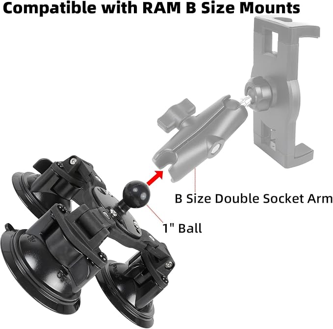 Triple Suction Cup Mount Base with 1-Inch Ball, Adjustable Base Plate, Compatible with RAM Mounts B-Size Double Socket Arms & 25mm Ball Systems
