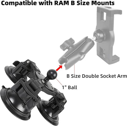 Triple Suction Cup Mount Base with 1-Inch Ball, Adjustable Base Plate, Compatible with RAM Mounts B-Size Double Socket Arms & 25mm Ball Systems
