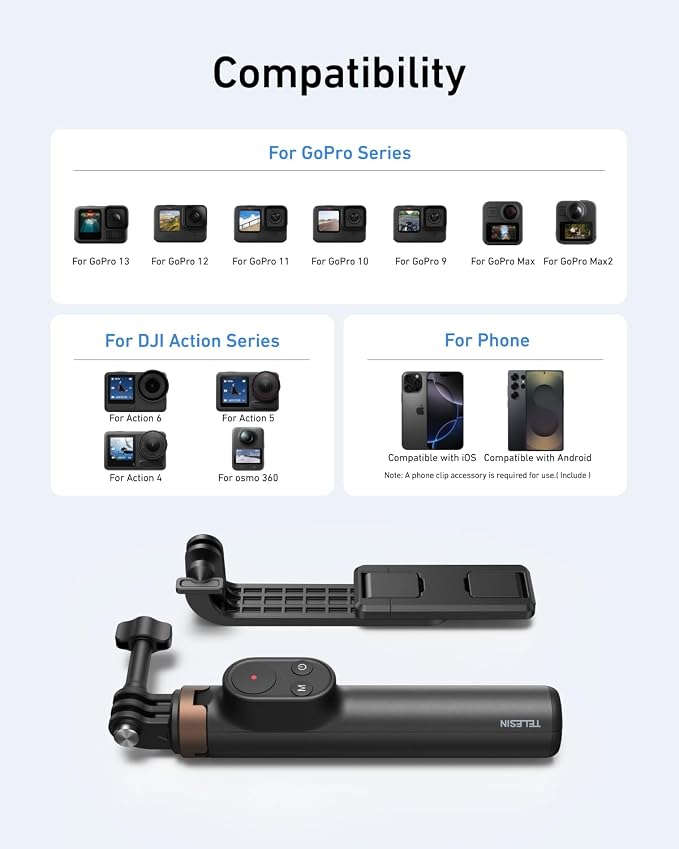 TELESIN Mini Selfie Stick & Phone Tripod for DJI Osmo 360 Action 6/5/4, GoPro Hero 13/12/11, Vlog Selfie Stand with 80m Remote and Phone Clip for iPhone & Android, Portable Vlogging Tripods for Travel