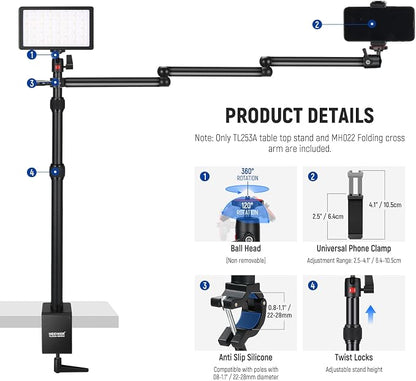 NEEWER Upgraded Overhead Camera Rig with Trifold Camera Boom Arm (Max Load 2lb), 47"/1.2m Telescopic Desk Mount Stand (Max Load 8.8lb) with Phone Clamp Ball Head for LED Light Webcam Mic, TL253A+MH022