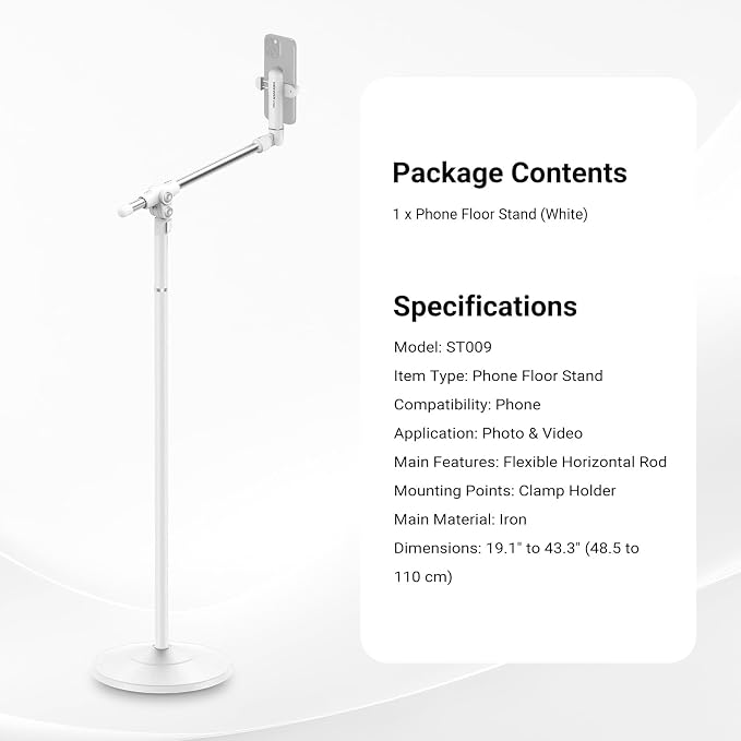 NEEWER Basics Phone Floor Stand with Horizontal Extension Arm, Adjustable Cell Phone Holder Clamp Mount Compatible with iPhone Samsung for Video Recording Bed Lying Down, Weighted Base, ST009 White
