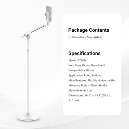 NEEWER Basics Phone Floor Stand with Horizontal Extension Arm, Adjustable Cell Phone Holder Clamp Mount Compatible with iPhone Samsung for Video Recording Bed Lying Down, Weighted Base, ST009 White