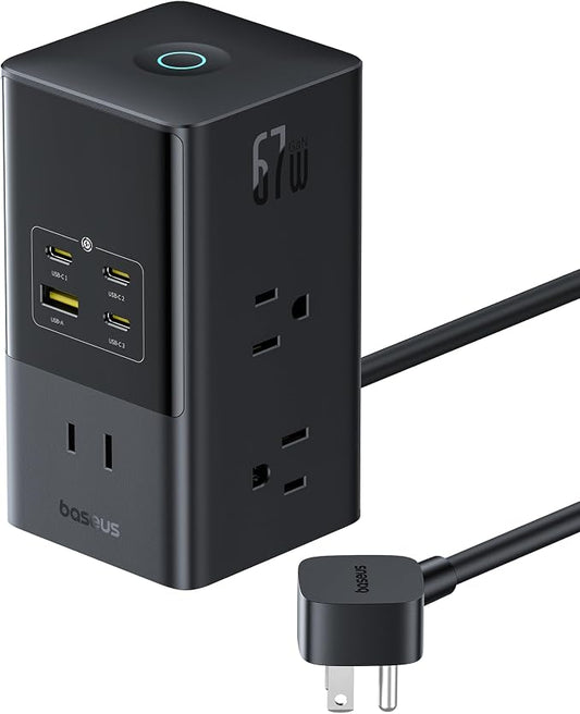 Baseus Charging Station 67W, 10-in-1 USB-C PD Fast Charging Desktop Charger with 1200J Surge Protection, 5ft Extension Cord, 6 AC, 3 USBC, 1 USBA Ports for iPhone 16/15, MacBook, Tablet, Desktop