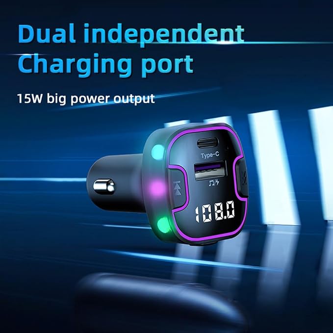 Bluetooth 5.3 Adapter for Car, 5 Ports Wireless FM Radio Transmitter for Car, Radio Bluetooth Receiver, Hands-Free Calling [U Disk &Colorful Ambient Lighting]