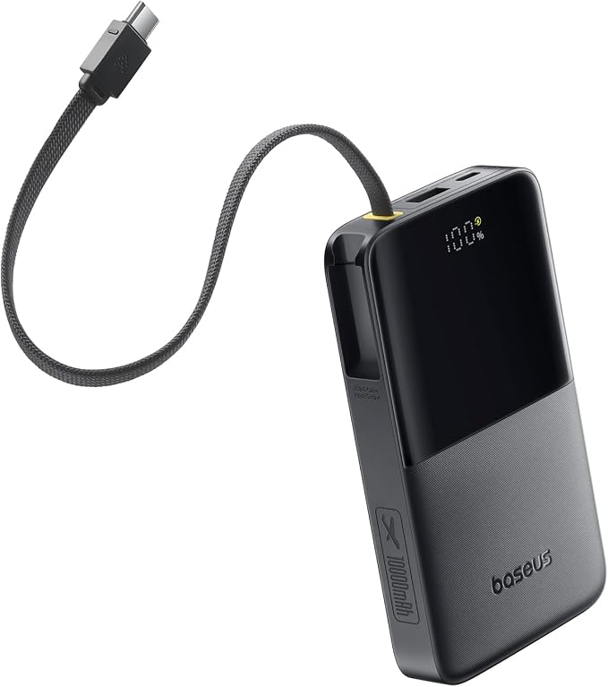 Baseus Portable Charger, 10000mAh Fast Charging Power Bank, 22.5W PD3.0 QC3.0 Battery Pack Built-in USB C Braided Cable, Travel Essentials for iPhone 17 16 15, iPad, S25/S24, Indoor/Outdoor, Travel