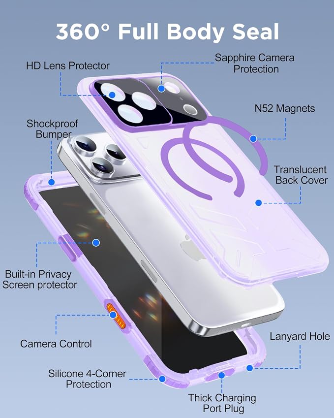 for iPhone 17 Pro Waterproof Case with Magsafe, Built-in [Privacy Screen Protector] [Lanyard], IP68 Water Proof Full Body Dustproof Anti-Spy Frosted Protective Phone Cover, 6.3" Purple