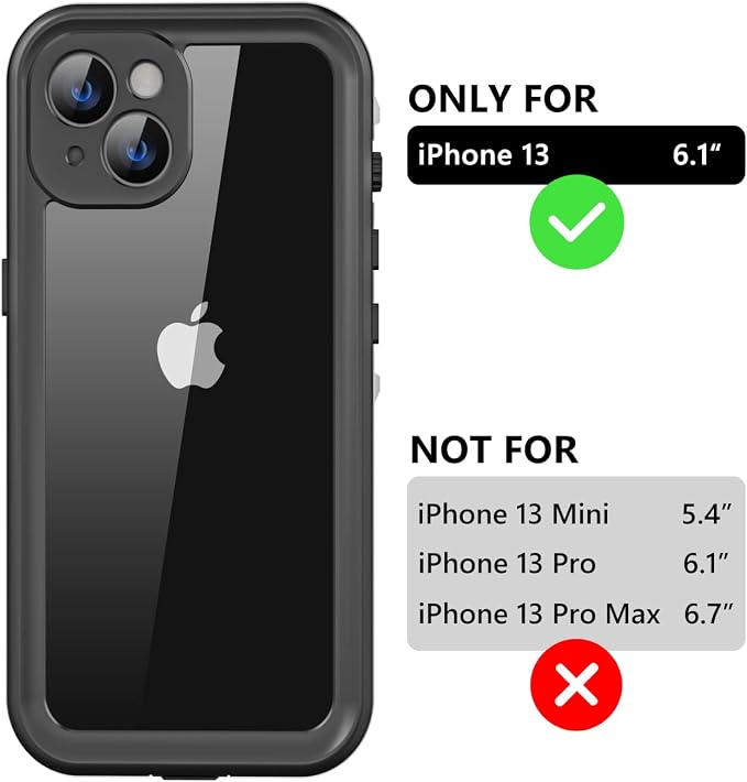 Protebox for iPhone 13 Waterproof Case with Built-in Screen Protector, Shockproof Dustproof Full Body Protective IP68 Waterproof Phone Case for iPhone 13 6.1 inch (Black/Clear)