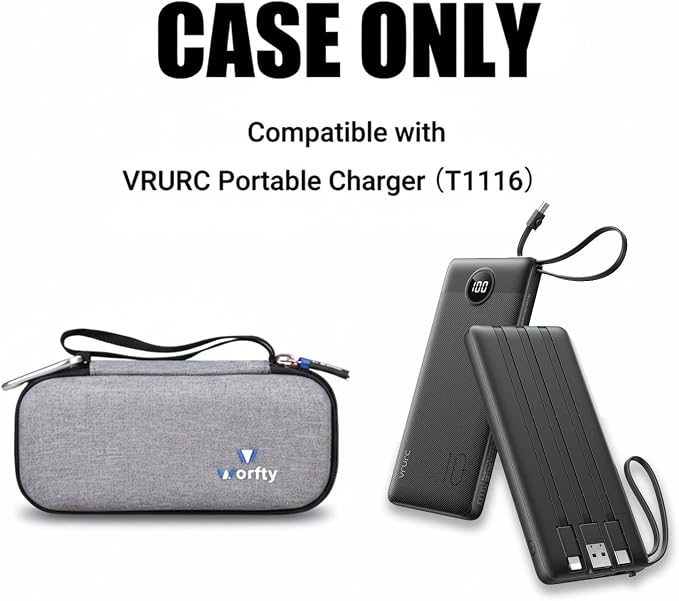 Case for VRURC/VEGER/FOCHEW/Charmast/citicr/GKUTW Portable Charger with Built-in Cables & AC Wall Plug 10000/12000/13800mAh Power Bank - Hard Protective Travel Carrying Storage Bag (Grey)