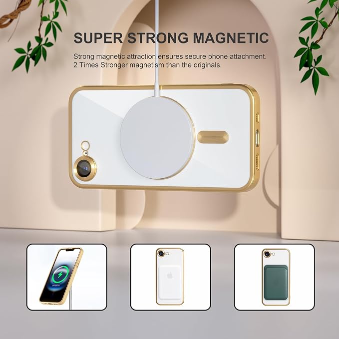 Misea Magnetic for iPhone 17e / 16e Case Compatible with MagSafe [Never Yellowing] [Military Grade Drop Protection] Full Camera Lens Protector Plating Soft Clear Phone Case for Women 6.1 inch, Gold
