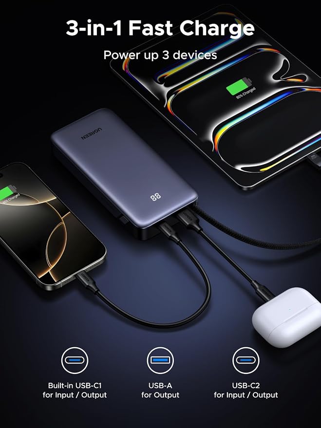 UGREEN Nexode Power Bank 20000mAh 45W with Built-in Cable, Fast Charging Portable Charger for iPhone 17 Pro/Samsung S26 Ultra/iPad Pro, 3-Port External Battery Pack with Digital Display, Travel Ready