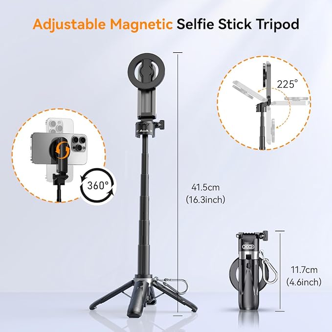 Magnetic Small Selfie Stick for iPhone,4 in 1 Multifunctional Portable Selfie Sticks Retractable Cell Phone Travel Tripod with Remote Control, Mini Phone Tripod for iPhone 17/16/15/14/13/12 Series