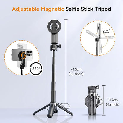 Magnetic Small Selfie Stick for iPhone,4 in 1 Multifunctional Portable Selfie Sticks Retractable Cell Phone Travel Tripod with Remote Control, Mini Phone Tripod for iPhone 17/16/15/14/13/12 Series