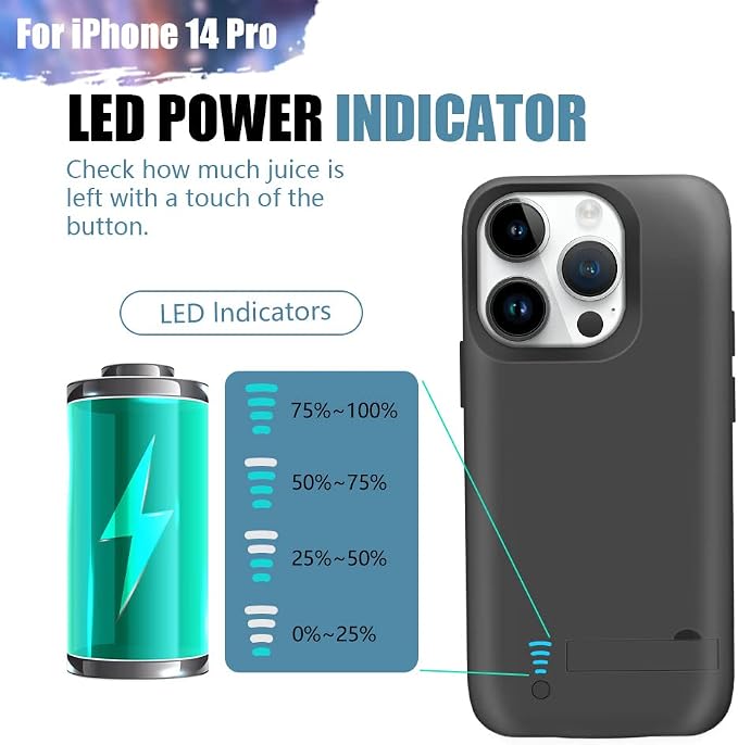 Battery Case for iPhone 14 Pro, 5000mAh Rechargeable Extended Battery Charging/Charger Case, Add 100% Extra Juice (6.1 Inches) Black