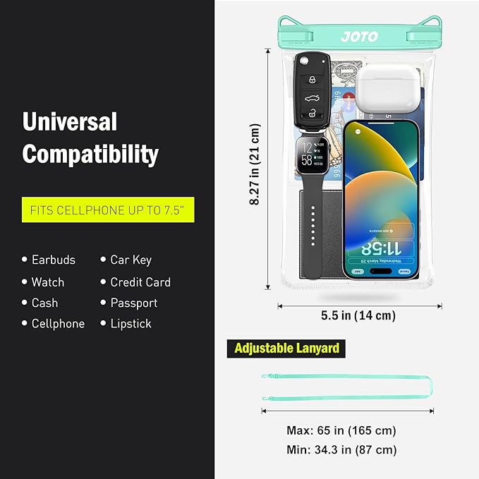 JOTO 2 Pack Large Waterproof Phone Pouch Bag, IPX8 Big Underwater Dry Bag with Lanyard for iPhone 17 Air 16 15 14 Plus Pro Max, Galaxy S24 S23 Ultra, Airpods Cash Credit Card Essentials -Black & Green
