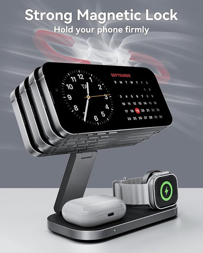 3-in-1 Charging Station for Apple Device, Qi2 25W Certified Magnetic Wireless Foldable Fast Charger Stand Compatible with MagSafe for iPhone 17e/17/16/15/14/13/12/Air Series, Apple Watch & AirPods