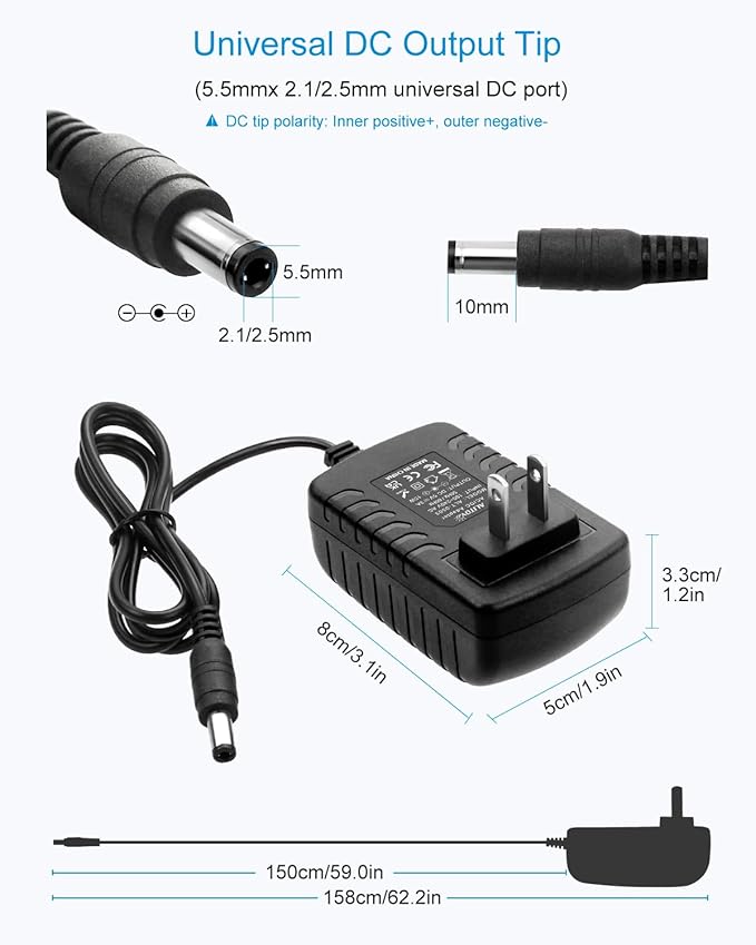 ALITOVE DC 5V 3A Power Cord AC Adapter 5 Volt Power Supply 4.92Ft 5.5mm x 2.5mm/2.1mm AC 100-240V to DC 5Volt 3000mA 2500mA 15W for LED Pixel Light CCTV Camera USB-HUB Wireless Router（5 Pack）