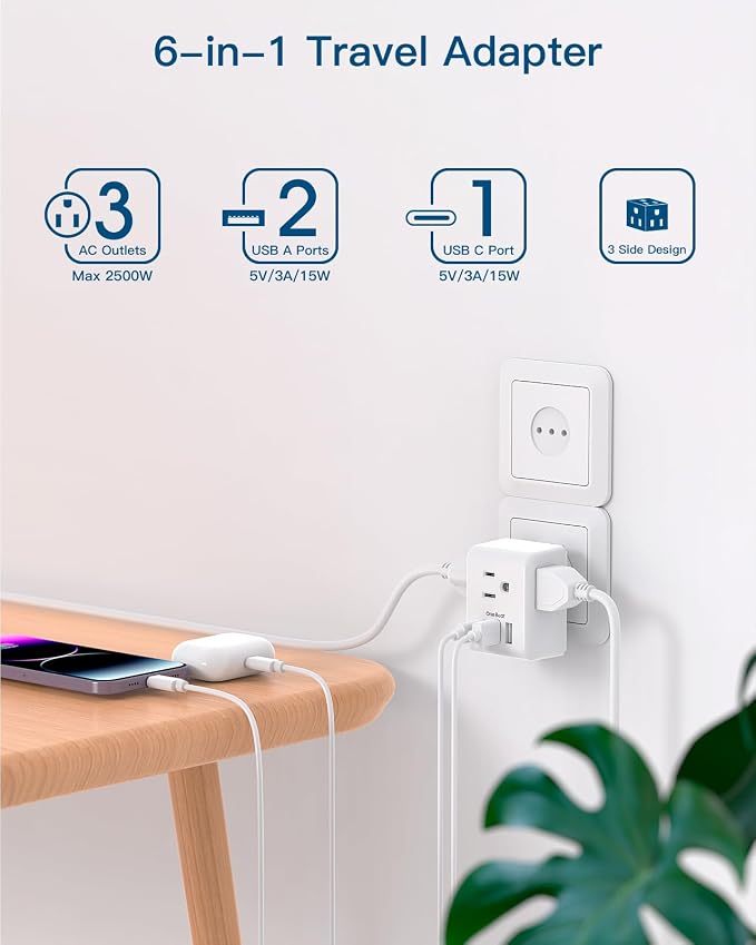 2 Pack Italy Travel Plug Adapter, Type L Italy Power Adapter | 3 Outlets 3 USB Ports(1USB C), 3 Prong Grounded Outlet Adaptor, Travel Plug Converter for USA to Italy Chile Uruguay Italian