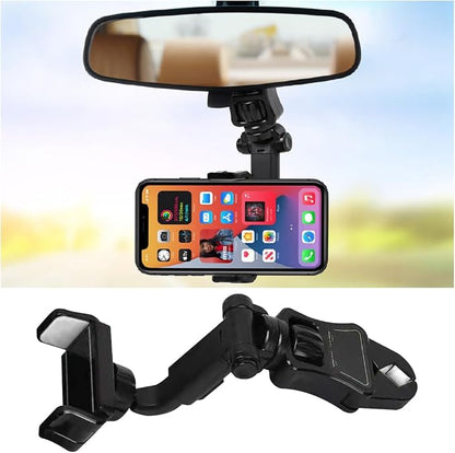 BESULEN Car Rear View Mirror Phone Holder, 360° Rotating Rearview Mirror Phone Mount, ABS Multi-Functional Adjustable Cellphone Holder, Universal Car Phone Holder for All Smartphones (Black/Gray)