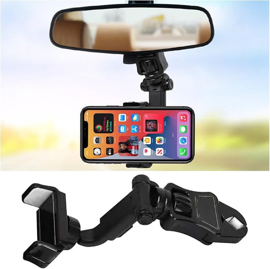 BESULEN Car Rear View Mirror Phone Holder, 360° Rotating Rearview Mirror Phone Mount, ABS Multi-Functional Adjustable Cellphone Holder, Universal Car Phone Holder for All Smartphones (Black/Gray)