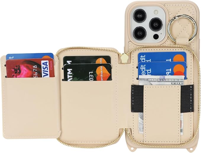 Crossbody Wallet Case for iPhone 14 Pro Max, PU Leather Zipper Handbag Purse Flip Cover, Kickstand Folio Case with Card Slots Holder Wrist Strap Lanyard 5G 6.7 Inch-White