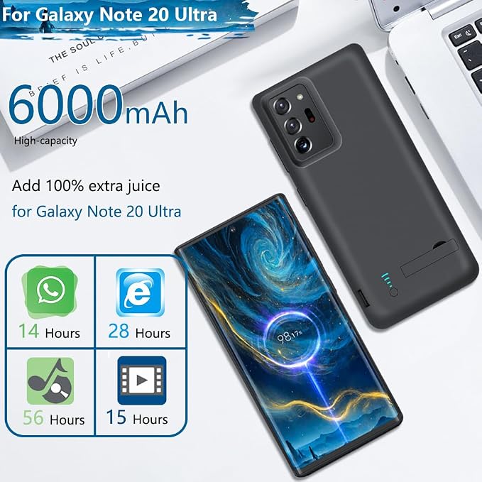 Sitong Battery Case for Samsung Galaxy Note 20 Ultra 5G, 6000mAh Rechargeable Extended Battery Charging Charger Case, Add 100% Extra Juice, Not Compatible with Galaxy S20 Ultra Black