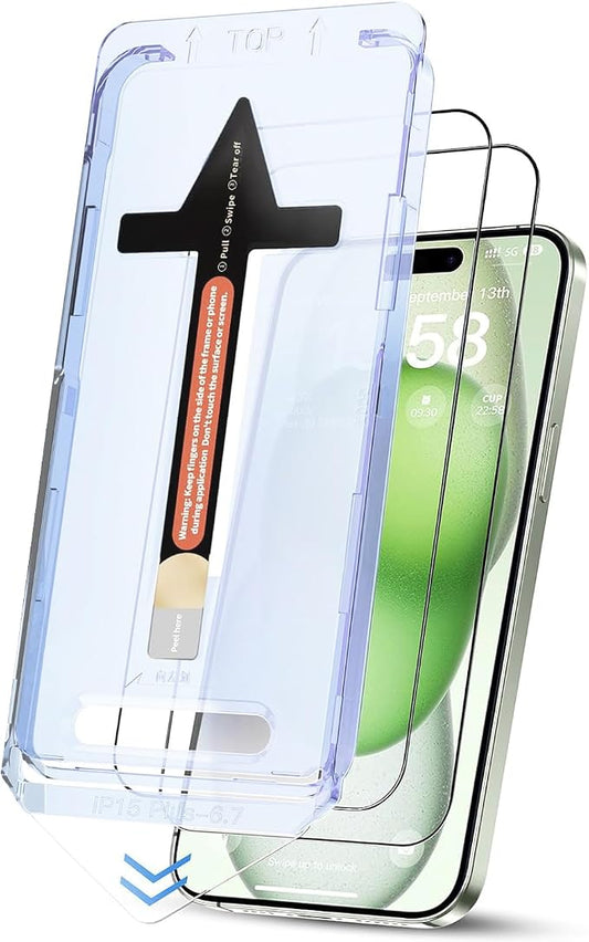 for iPhone 15 Plus Screen Protector, Military Grade Shatterproof 9H+ Tempered Glass, Auto Dust-Removal Installation, Full Coverage, HD Clear, Anti-Scratch, Anti-Fingerprint, No Bubble