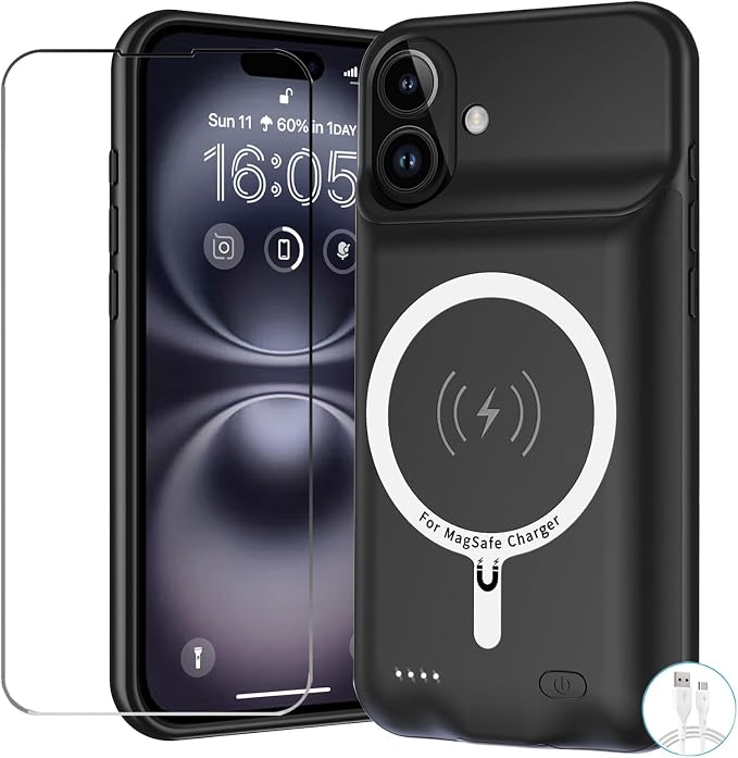 Battery Case for iPhone 16, Upgraded 10000mAh Battery Pack Rechargeable Charger Case Support Carplay with Wireless Charging Compatible for iPhone 16 (6.1 inch) External Battery Charging Case (Black)