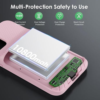 Battery Case for iPhone 12/12 Pro,[2025 Upgraded] 10800mAh Ultra-Slim Portable Extended Charger Case Cover for iPhone 12/12 Pro Charging Case (6.1 Inch)-Pink