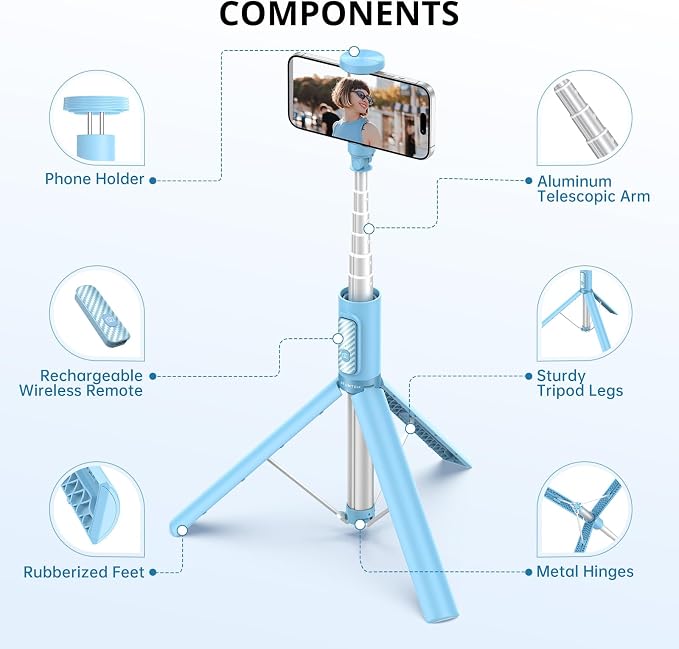 ATUMTEK 55" Selfie Stick Tripod, All-in-one Extendable Aluminum Phone Tripod with Rechargeable Bluetooth Remote for iPhone and More, Fit 4.7-7 inch Smartphones, Blue