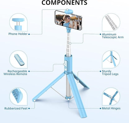 ATUMTEK 55" Selfie Stick Tripod, All-in-one Extendable Aluminum Phone Tripod with Rechargeable Bluetooth Remote for iPhone and More, Fit 4.7-7 inch Smartphones, Blue