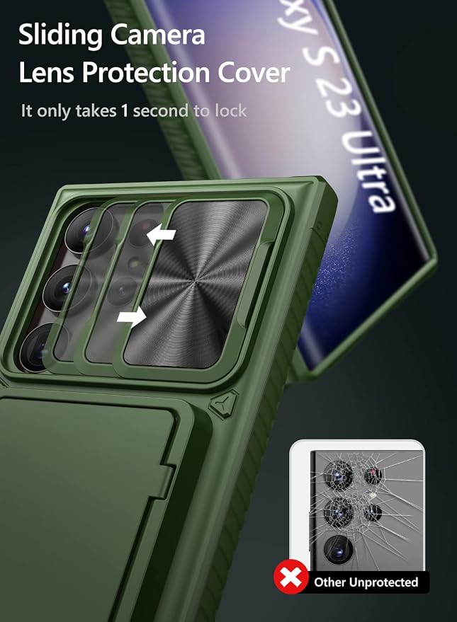 Vihibii for Samsung Galaxy S23 Ultra Case with Card Holder (4 Cards) & Sliding Camera Cover & Kickstand, Shockproof Rugged Hard Back & TPU Edge Wallet Case for Galaxy S23 Ultra 5G 6.8" 2023, Green