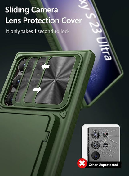 Vihibii for Samsung Galaxy S23 Ultra Case with Card Holder (4 Cards) & Sliding Camera Cover & Kickstand, Shockproof Rugged Hard Back & TPU Edge Wallet Case for Galaxy S23 Ultra 5G 6.8" 2023, Green