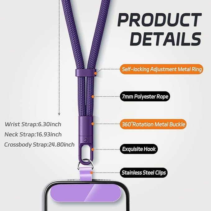 KITANIS 2 Pack Phone Lanyard,2×Phone crossbody strap,4×Tether Tabs,Universal Cell Phone Multifuctional Patch Polyester Lanyards,Cell Phone Lanyards for Women and Men(purple+orange)