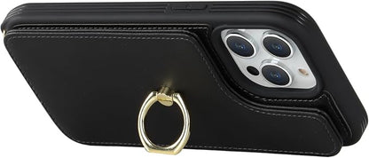 Lipvina for iPhone 12/12 Pro Case with Card Holder and Strap for Women,Crossbody Lanyard,RFID Blocking,Kickstand Ring Stand,Snap Clasp,Phone Wallet Cases 6.1 inch(Black)