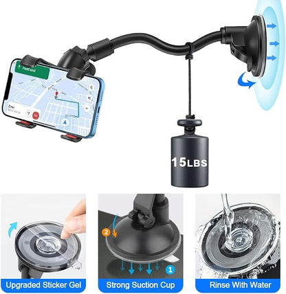 Phone Holders for Your Car: Windshield Phone Mount with Long Arm, 360° Rotation Strong Suction Cell Phone Car Mount, Anti-Shake Stabilizer for iPhone, Samsung, All Smartphones