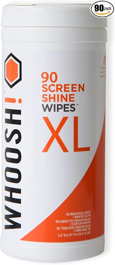 WHOOSH! Screen Shine 90 Count Touch Screen Cleaner Wipes for Car, OLED, TV, Eyeglasses, Laptop – Lint-Free, Non-Abrasive Wipes – Streak-Free Finish – Non-Toxic & Odorless – Microsuede Cloth Included